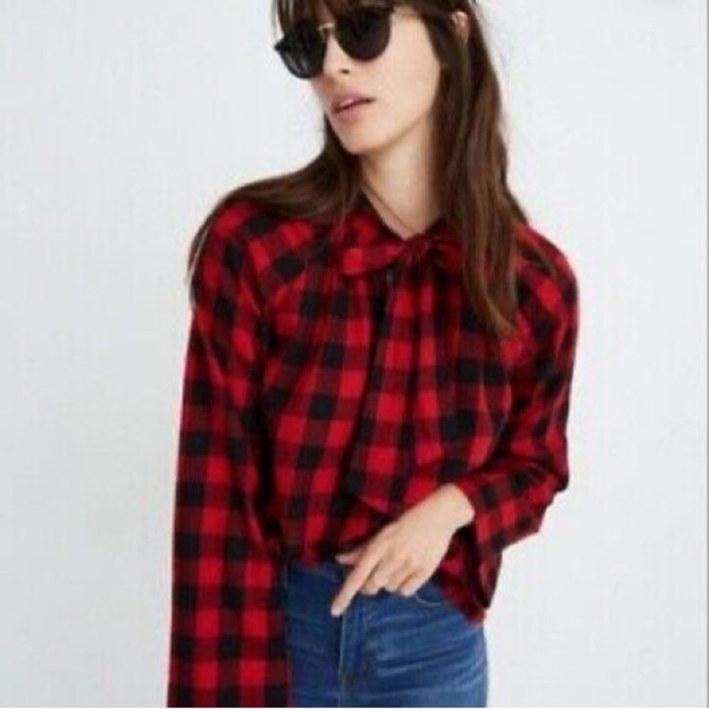 Madewell Tie-Neck Popover Shirt in Buffalo Check Red & Black